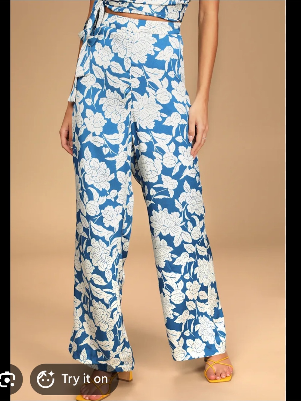 Lulu's Blue and White Floral Satin Wide-Leg High Waist Pants